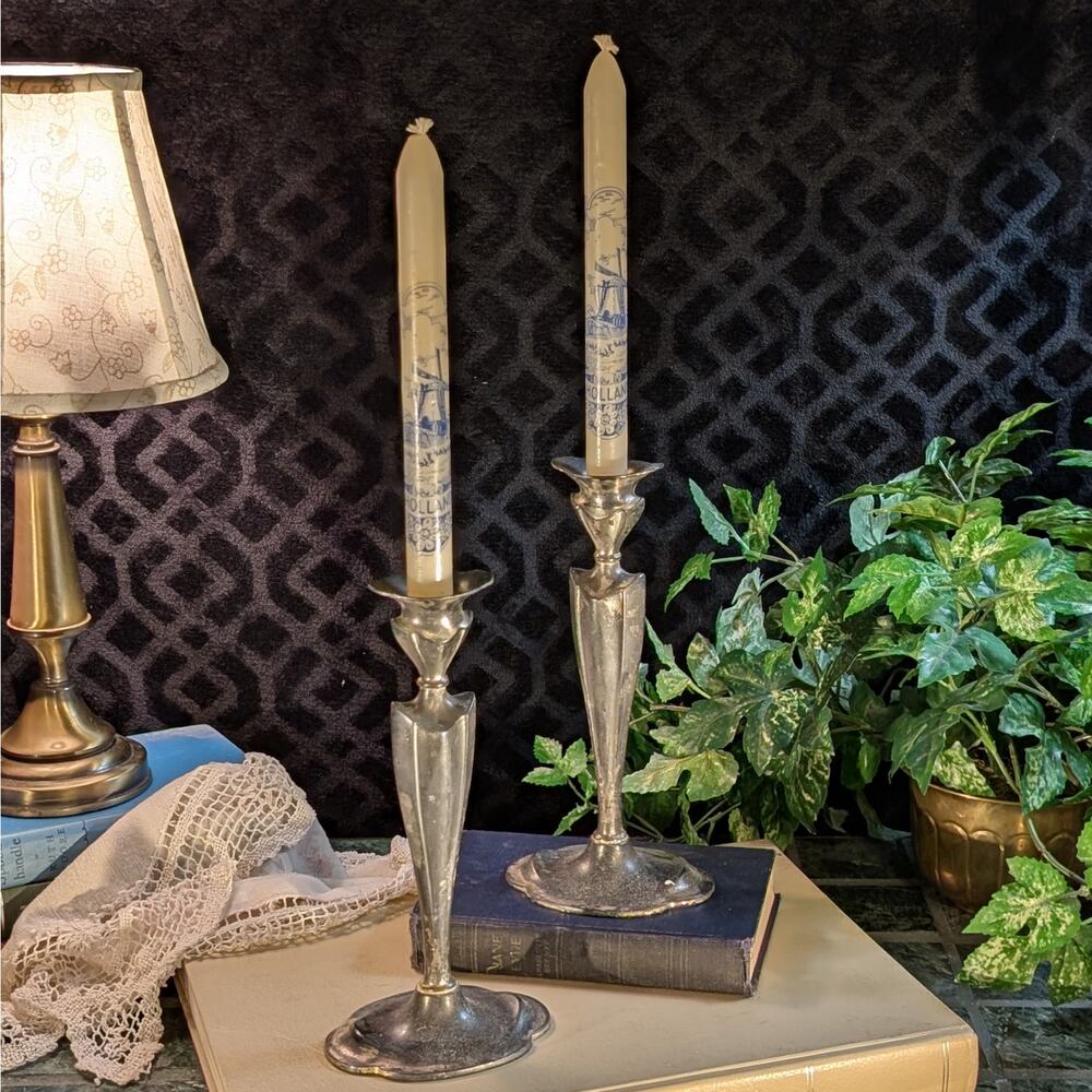 Antique Queen City Silverplate Candlestick Pair 27-19 w/ Vintage Holland Candles